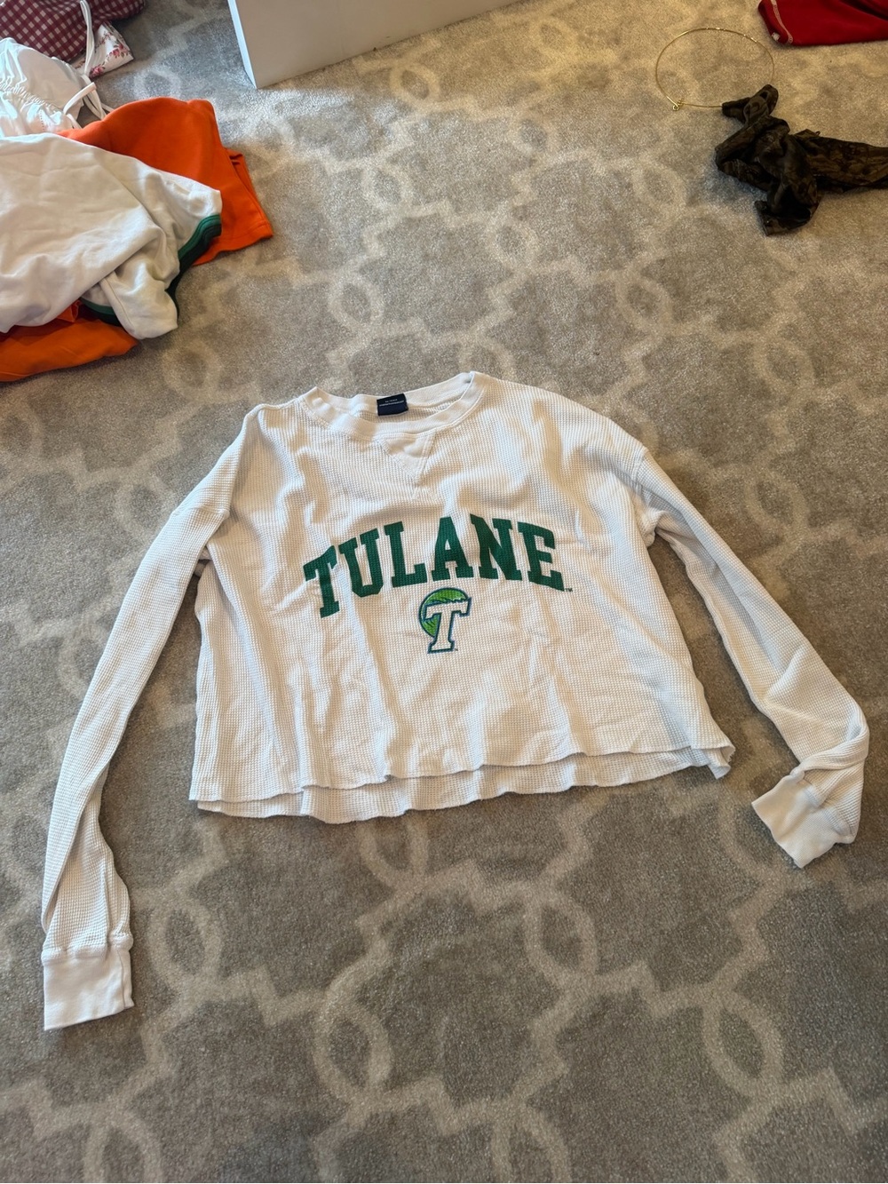 Tulane White Thermal Long Sleeve Cropped Tee with Green Logo